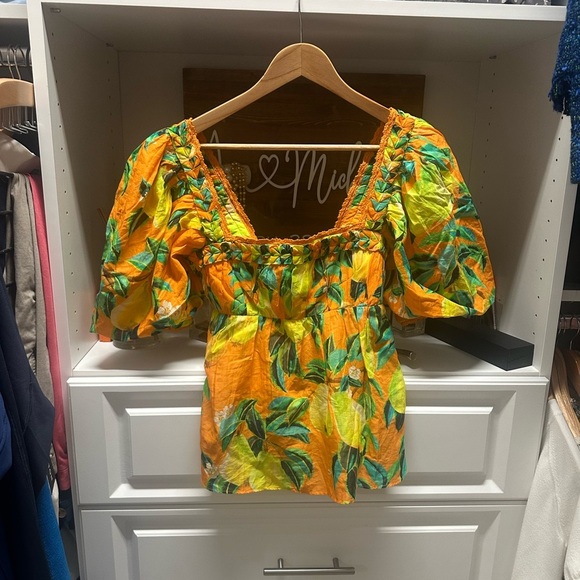 FarmRio Orange Pear Print Puff Sleeve Top NWOT - Picture 4 of 6